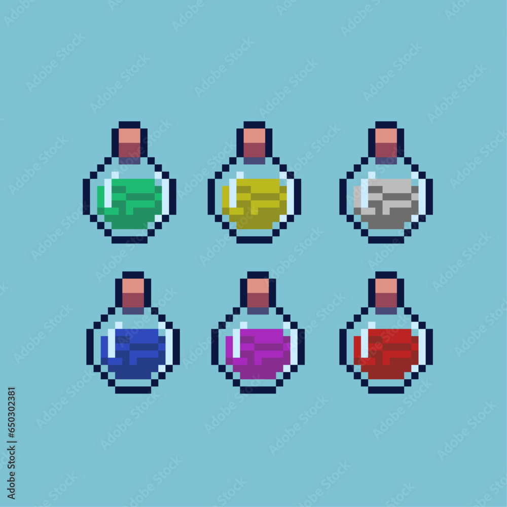 Poster pixel art sets of potion bottle health with variation color item asset simple bits of potion rpg ite