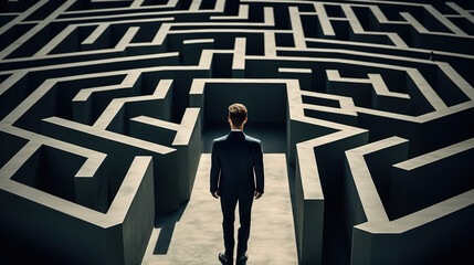 Businessman standing in the middle of a maze. Business solution, leadership concept.