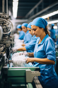 Employees diligently operating complex machinery in a busy textile mill 