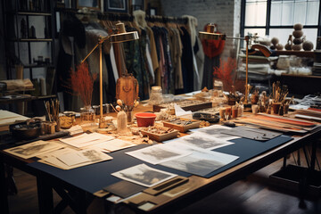 designer's studio filled with mood boards, sketches, and design prototypes, conveying the inspiration and meticulous craftsmanship behind their creations - obrazy, fototapety, plakaty
