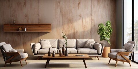 Details of fabulous living room modular couch with beige details, luxurious furnishings and natural light