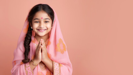 Indian girl in pink sari cloth praying, greeting diwali watercolor