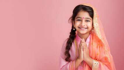 Indian girl in pink sari cloth praying, greeting diwali watercolor