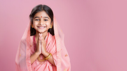Indian girl in pink sari cloth praying, greeting diwali watercolor