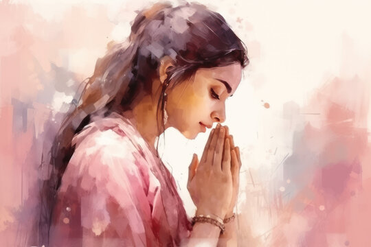 Indian woman in pink sari cloth praying, greeting diwali watercolour