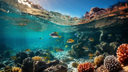 A beautiful underwater scenery full of fish and coral reefs.
