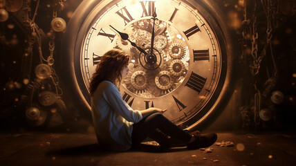 woman sitting in front of the clock - obrazy, fototapety, plakaty