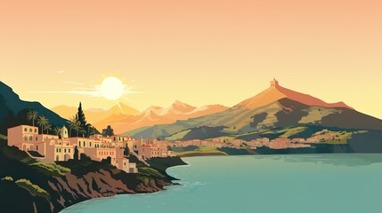 Vintage Sicily Poster in Vector Style with Flat Colors, Generative AI