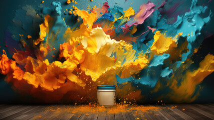 A jar of paint is sitting on a table with a colorful splash, AI