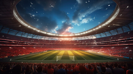 Stadium, dramatic shot with sunset background and fisheye lens. Sports, soccer stadium.
