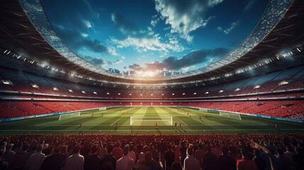 Stadium, dramatic shot with sunset background and fisheye lens. Sports, soccer stadium. - obrazy, fototapety, plakaty