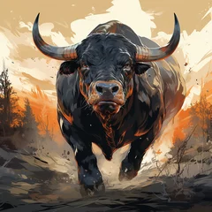 Wandcirkels aluminium Angry aggressive fire bull is running. AI generation.. © Ivan