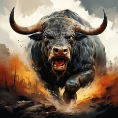 Fotobehang Angry aggressive fire bull is running. AI generation.. © Ivan
