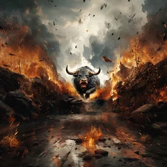 Poster Im Rahmen Angry aggressive fire bull is running. AI generation.. © Ivan