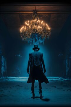 The phantom of the opera alone in a big victorian opera blue light big chandelier on the floor crying insane realistic photo 8k very detailed sharp focus black metal darkart nightmare wide shot 