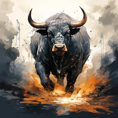 Fototapeten Angry aggressive fire bull is running. AI generation.. © Ivan
