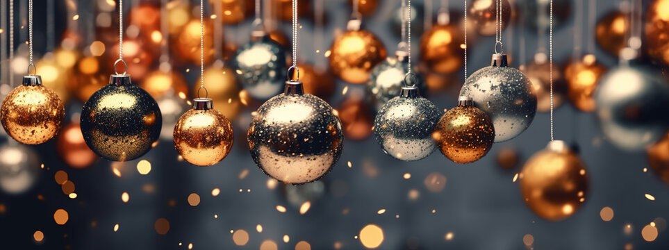 Christmas wallpaper with balls and bokeh background. AI