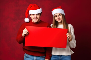 couple in red Santa suit with Santa hat holding white blank card. Christmas banner, advertising background, copy space.