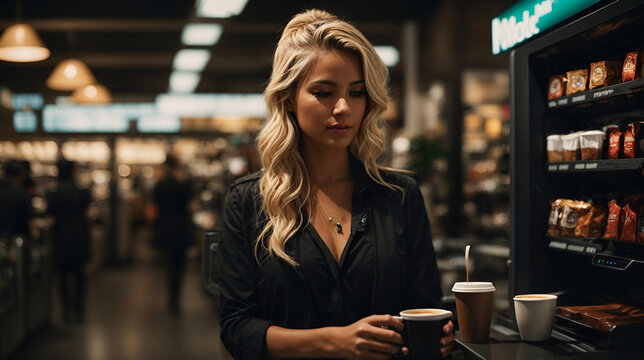 A woman in black drinks coffee near a self-service machine. Beautiful blonde woman, cinematic shot