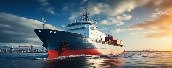 Commercial shipping vessel navigating the open sea isolated on a gradient background 