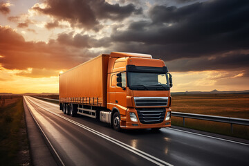 Fototapeta na wymiar Cross-country truck hauling cargo isolated on a highway gradient background 