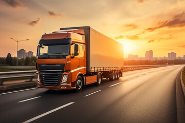 Cross-country truck hauling cargo isolated on a highway gradient background 