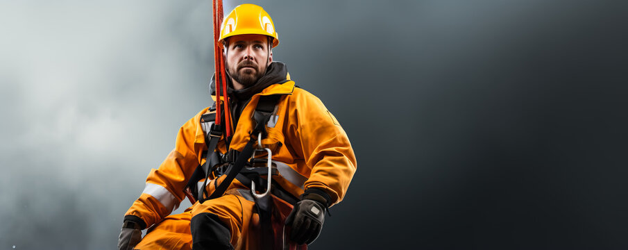 Port worker in safety gear operating a crane isolated on a gradient background 