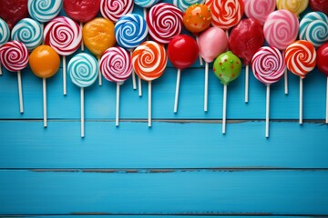 Photo of a colorful assortment of lollipops on a vibrant blue table created with Generative AI technology