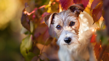 Cute jack russell terrier dog listening in the red autumn leaves. Happy fall banner, background. - obrazy, fototapety, plakaty