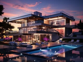 Fototapeta na wymiar Modern luxury exterior house with pool generative ai