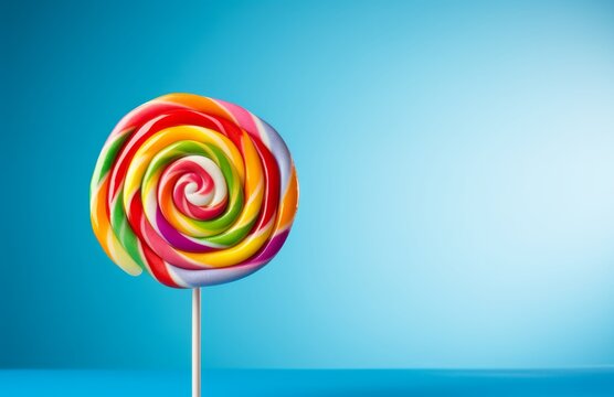 Photo of a vibrant and delicious lollipop against a vibrant blue backdrop created with Generative AI technology