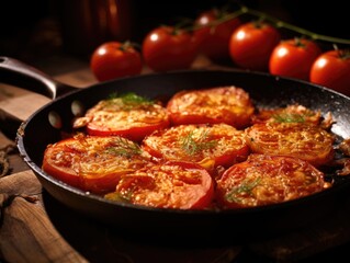 Fried Tomatoes in a frying pan, close-up shot