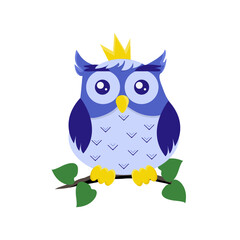 Cute colorful blue owl with a crown on its head sits on a tree branch. One from the collection for kids. Vector illustration