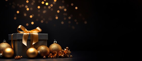 christmas background with gold decorations and gift boxes,