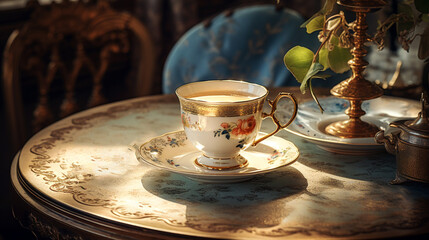 Tea table with porcelain cup, saucer, and vintage teaspoon, surrounded by the ambiance of an antique tea room. Old Money Aesthetic. Banner