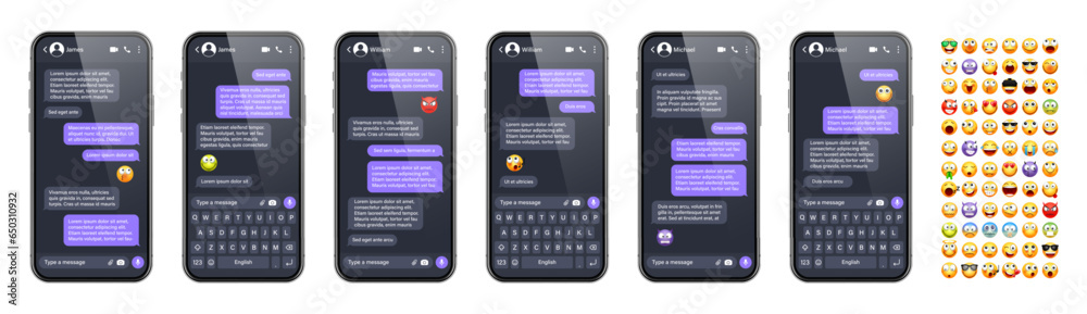 Wall mural smartphone messaging app, user interface with emoji. sms text frame. chat screen, violet message bub