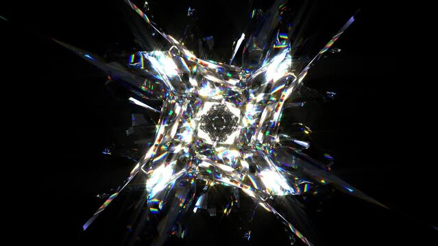 3d render of abstract art loop animation video with transform rotating fractal diamond crystal alien star flower in curve lines forms in glass material with color dispersion effect on black background