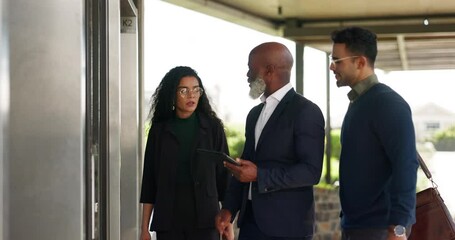 Elevator, team and tablet with business worker at lift for office floor with planning. Company, communication and financial employee with professional job and staff working with tech discussion