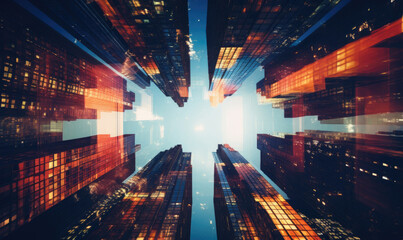 Kaleidoscopic view of skyscrapers, blending urban architecture with artistic flair.