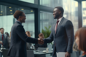 Two happy mature business men shaking hands in office, Successful african american businessman in formal clothing closing deal with handshake. Multiethnic businessmen shaking hands during a meeting