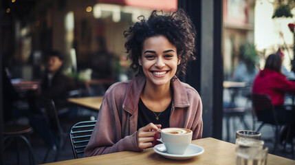smiling woman sitting in a street cafe drinking coffee