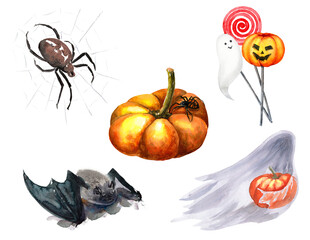 Halloween set with ghosts, bats and pumpkins and candies, watercolor illustration made by hand on paper