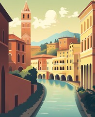 Vintage Verona Landscape Poster in Vector Style with Flat Colors, Generative AI