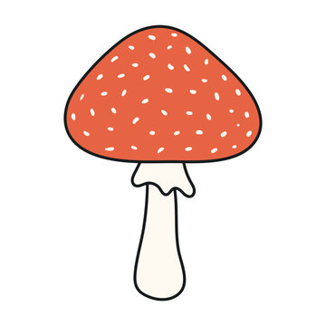 recommend clip art: Fly amanita, agaric mushroom hand drawn Halloween illustration. Cartoon style flat design, isolated vector. Kids seasonal print, autumn holiday, costume party element, decoration, magic, witchcraft