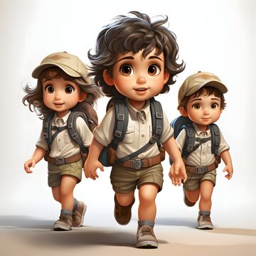 3D character of a cute little boy with multiple poses & expression with backpack