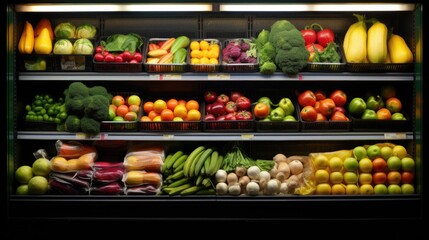 Fruits and vegetables in the refrigerated in supermarket - obrazy, fototapety, plakaty