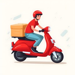 Flat vector of delivery man riding on a red scooter