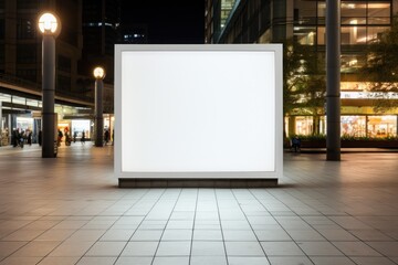 Public shopping center mall advertisement board space as empty blank white mockup. Generative AI.