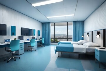 hospital room with beds in blue tones