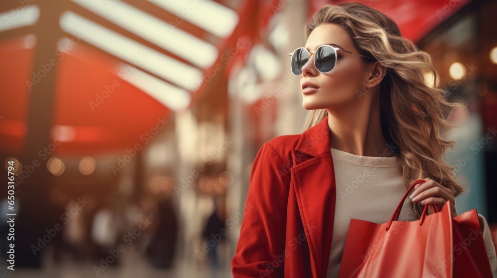 Wall mural Happy young woman with shopping bags walking in the mall on Black Friday for shopping.